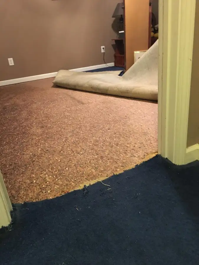 Carpet pad removal revealing water damage during Water Mitigation Services in Santa Clara